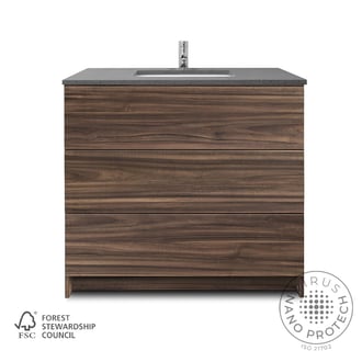 Meuble-lavabo de salle de bain autoportant avec finition en bois de noyer, comptoir en pierre grise, évier sous plan et robinet chromé - certifié FSC