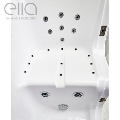 Overhead close-up of Ella Transfer30 walk-in tub interior showing hydro massage jets, built-in seat, and dual drain system