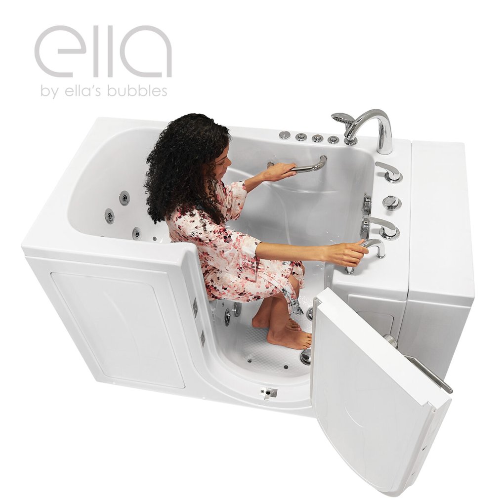 Woman in floral robe seated inside Ella Capri walk-in tub gripping grab bars with outward swing door open