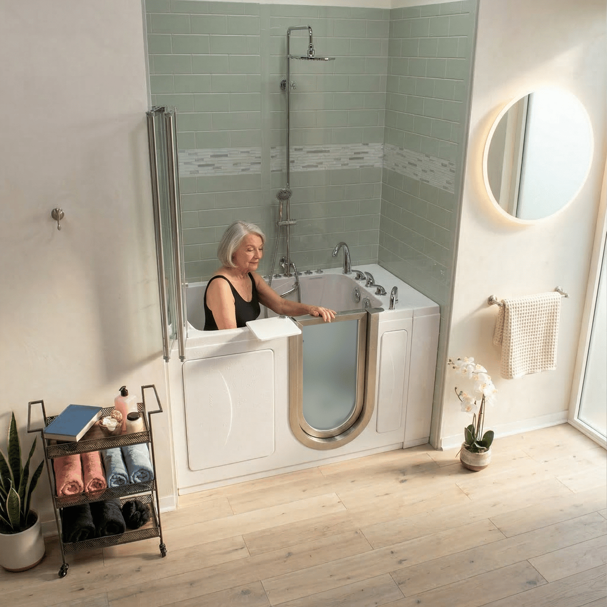 Senior woman seated inside the Ella Royal walk-in tub with the stainless door open and an overhead shower column