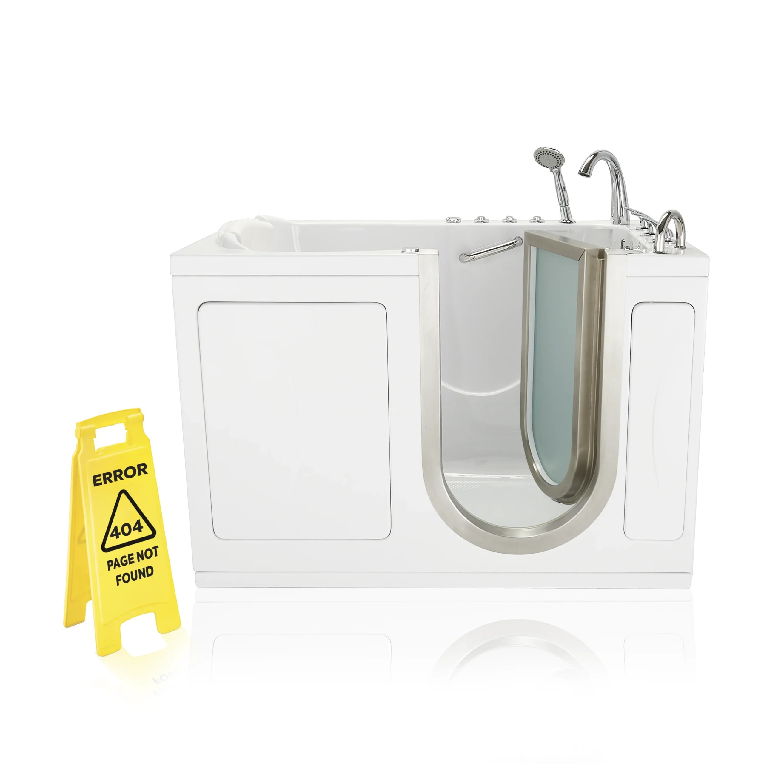 Señal amarilla de error 404 de página no encontrada junto a una bañera con puerta Ella con la puerta de acero inoxidable abierta y grifo cromado.