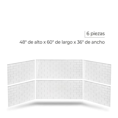 Kit de paneles de pared de ducha de azulejos tipo metro blancos de 6 piezas que mide 48 pulgadas de alto por 60 pulgadas de largo por 36 pulgadas de ancho
