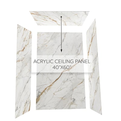 Diagram showing Calacatta Luxor acrylic ceiling panel 40x60 inches fitting into a marble-look shower wall surround kit