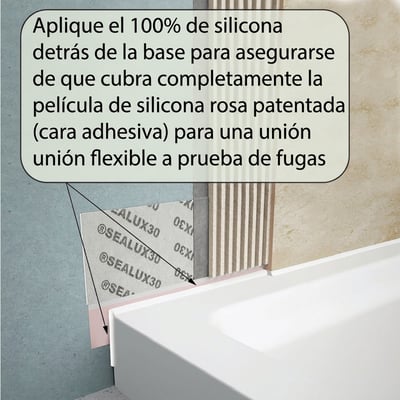 Diagrama de instalación que muestra el sellado de silicona tras la base del reborde para azulejos de la bañera con puerta mediante la película adhesiva rosa Sealux30 para una unión a prueba de fugas.