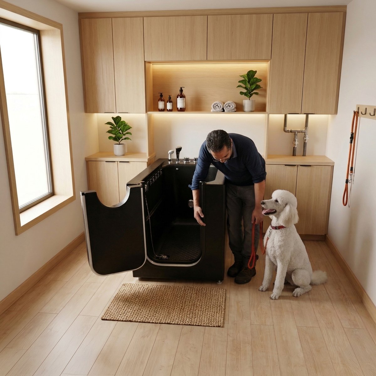 Man opening the door of an Ella Pet Spa dog grooming tub beside a white poodle in a modern pet wash room