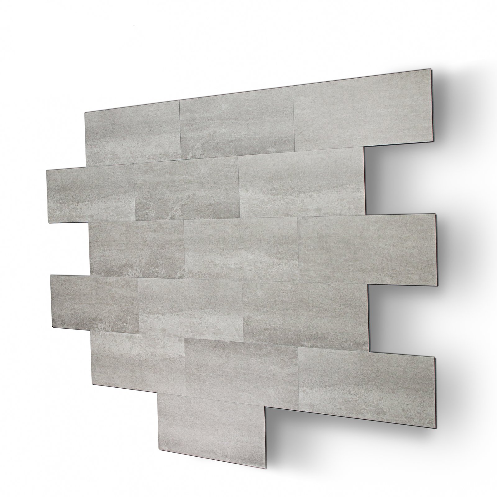 Staggered layout of brushed concrete gray wall tiles available for Ella's Bubbles walk-in tub and shower surrounds