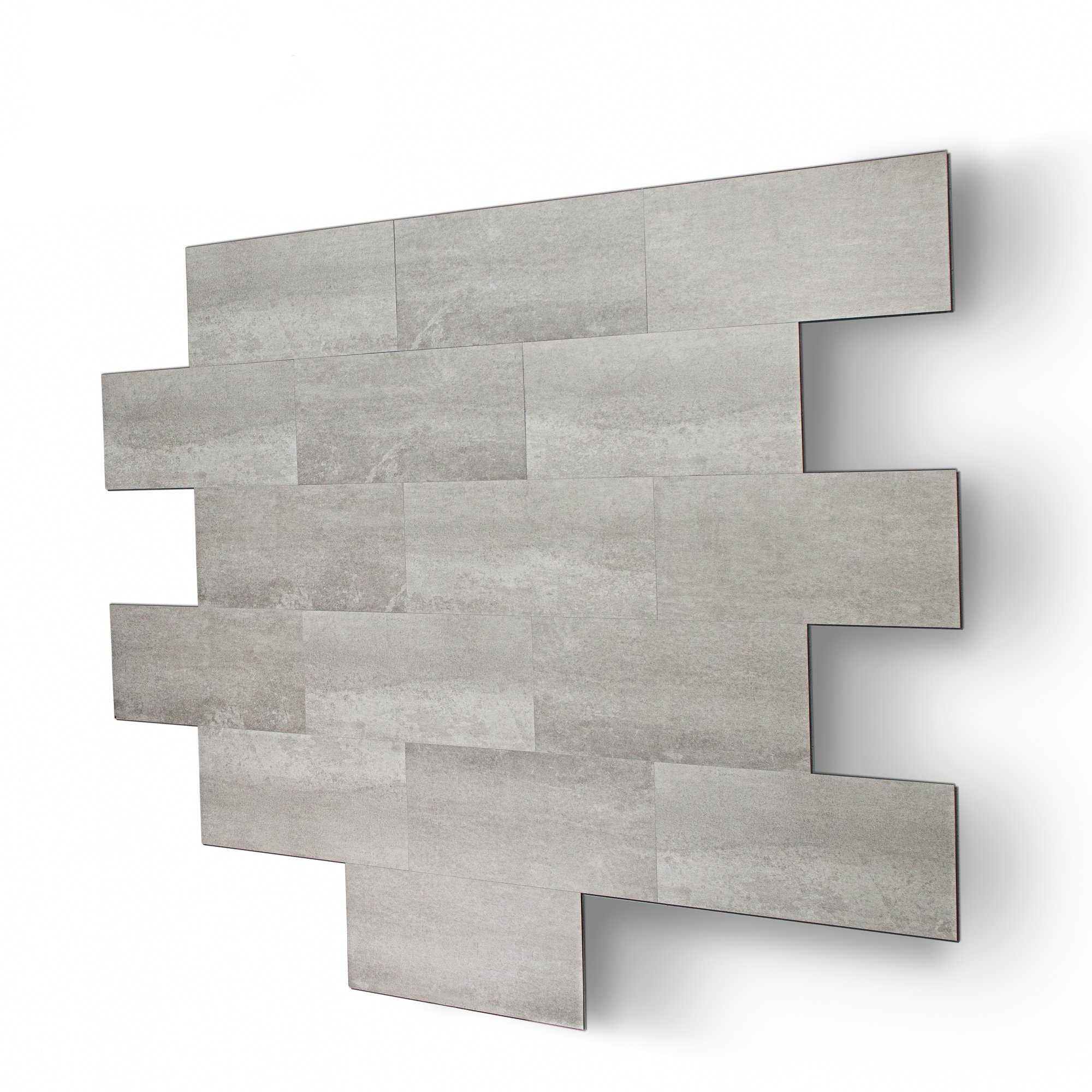 Staggered layout of brushed concrete gray wall tiles available for Ella's Bubbles walk-in tub and shower surrounds