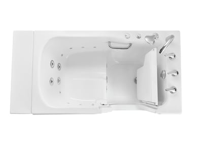 Overhead view of Ella Standard walk-in tub with hydro therapy jets, open door, chrome grab bar, and right-side controls