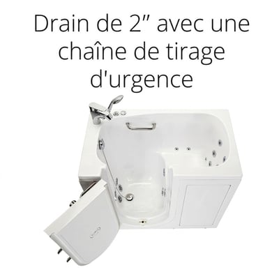 Baignoire à porte Ella avec porte ouverte à ouverture vers l’extérieur, montrant la bonde de 2” avec chaînette de relevage d’urgence et des hydrojets