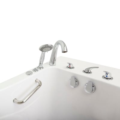 Close-up of chrome faucet, handheld showerhead, lever controls, and grab bar on Ella Capri walk-in tub deck