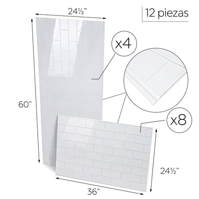 Kit de paneles de pared de ducha de azulejos tipo metro blancos de 12 piezas que muestra 4 paneles de 24,5x60 pulgadas y 8 paneles de 36x24,5 pulgadas
