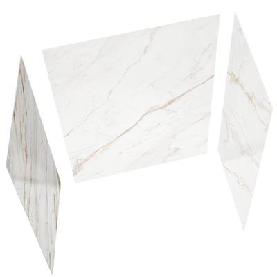 Paneles de pared de ducha Calacatta Luxor de tres piezas, efecto mármol blanco, con vetas doradas y grises para instalación de ducha accesible