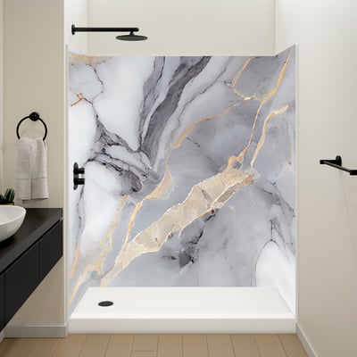 Walk-in shower stall with Opal Dusk marble-look wall panels featuring gray and gold veining with matte black fixtures