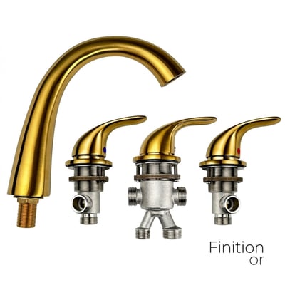 Ensemble de robinet de baignoire à porte à remplissage rapide finition or avec bec incurvé et trois poignées à levier montrant les composants de valve