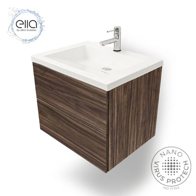 Mueble de lavabo de pared en acabado nogal de Ella's Bubbles con lavabo blanco y grifo cromado monomando