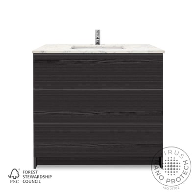 Dark ebony freestanding 36-inch bathroom vanity with marble countertop, undermount sink, and chrome faucet