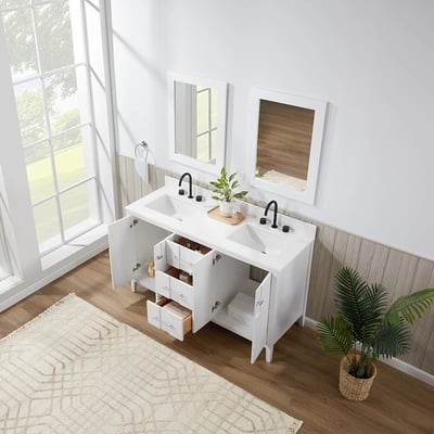 Meuble-lavabo de salle de bains moderne Florence sur pied avec plan en quartz blanc massif -