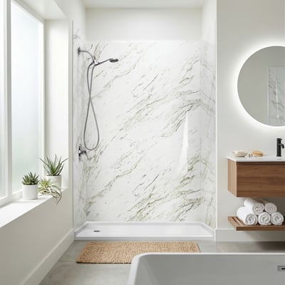 Revestimiento de ducha de 3 paneles de acrílico Ella Heritage Calacatta con acabado efecto mármol y ducha de mano en baño moderno