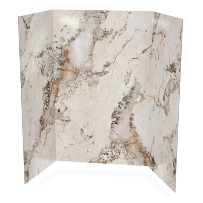 Three-panel acrylic shower wall surround in Molten Marble finish with cream, gray, and gold veining pattern