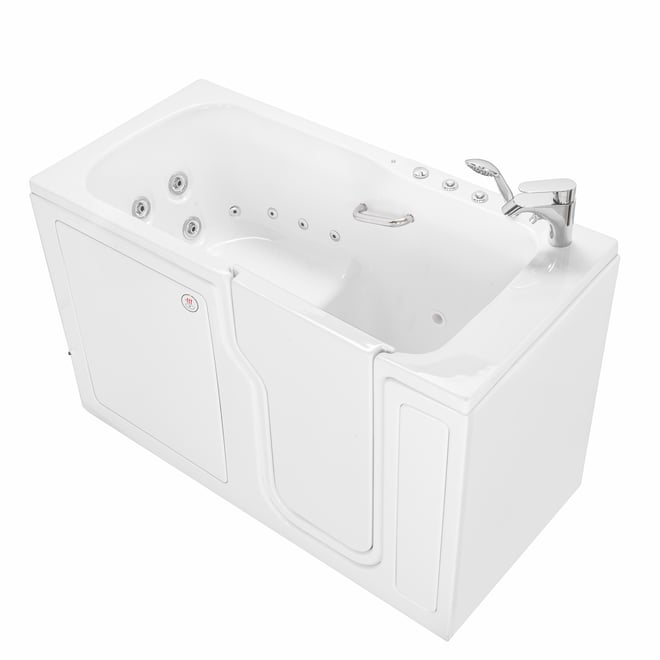 White 30x60 walk-in tub with side door, hydro bubble jets, chrome faucet, and handheld shower on white background