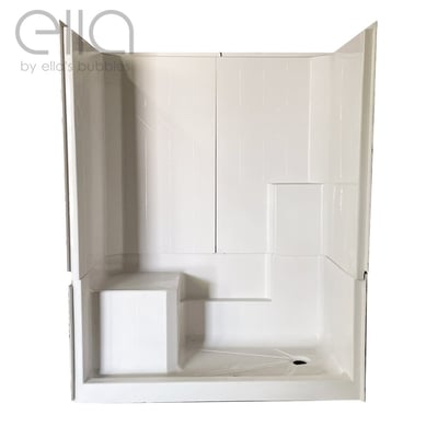 Ella's Bubbles Acrylx white 3-piece accessible shower stall with built-in bench seat and right-side drain