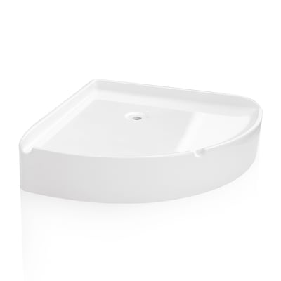 White SMC corner shower shelf with center drain hole and raised edge, an accessible bathroom accessory by Ella's Bubbles