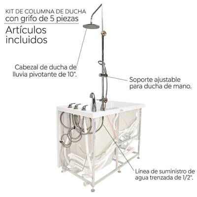 Kit de columna de ducha para bañera con grifo de 5 piezas que muestra el cabezal de ducha de lluvia, el soporte ajustable para la ducha de mano y la línea de suministro de agua trenzada