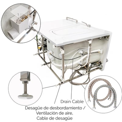 Vista inferior de la bañera de acceso Ella que muestra la fontanería interna, cable del desagüe, desagüe de rebosadero, ventilación de aire y latiguillos trenzados de suministro de agua