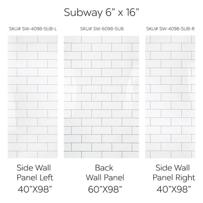 Diagrama de paneles de pared de ducha de acrílico blanco Subway 6x16 mostrando los tamaños de los paneles izquierdo, trasero y derecho para instalación de ducha accesible