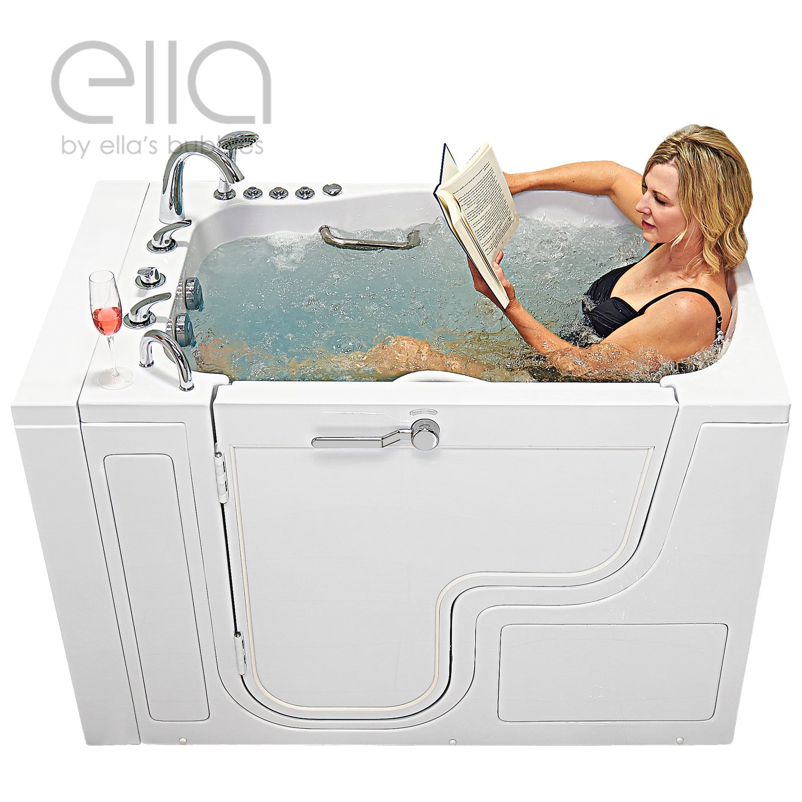 Woman reading a book while soaking in the Ella Transfer XXL walk-in tub with dual drain and hydro jets