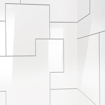 Close-up of white acrylic shower wall panels with Urban Maze geometric tile pattern and gray grout lines