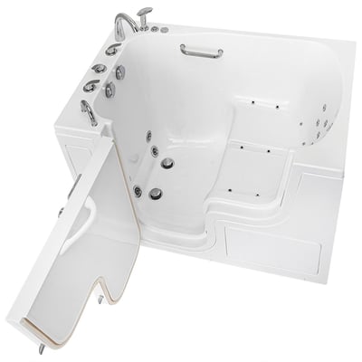 White Ella walk-in tub with open outward swing door showing hydro jets, grab bar, built-in seat, and chrome faucet fixtures