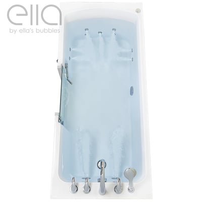 Vue de dessus d’une baignoire à porte allongée 32x72 d’Ella's Bubbles remplie d’eau montrant les jets hydro et la porte à ouverture vers l’intérieur