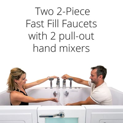 Couple seated on opposite ends of the Big4Two two-seat walk-in tub using dual fast fill faucets with pull-out hand mixers