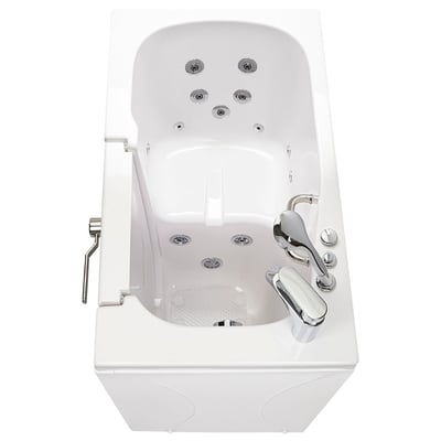 Overhead view of Ella walk-in tub interior showing hydro massage jets, chrome faucet, anti-slip floor mat, and open door