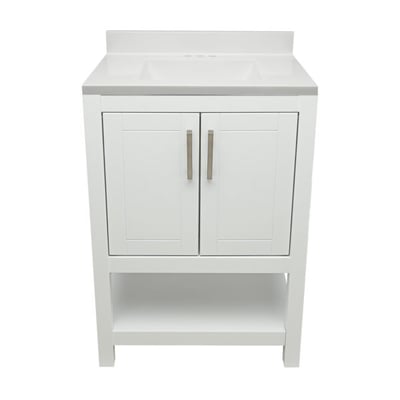 Taos bathroom vanity in white with quartz stone top, dual-door cabinet, brushed nickel handles, and open bottom shelf