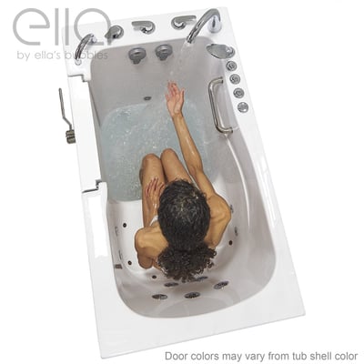 Overhead view of woman bathing in the Ella Monaco walk-in tub with hydro jets, grab bars, and outward swing door