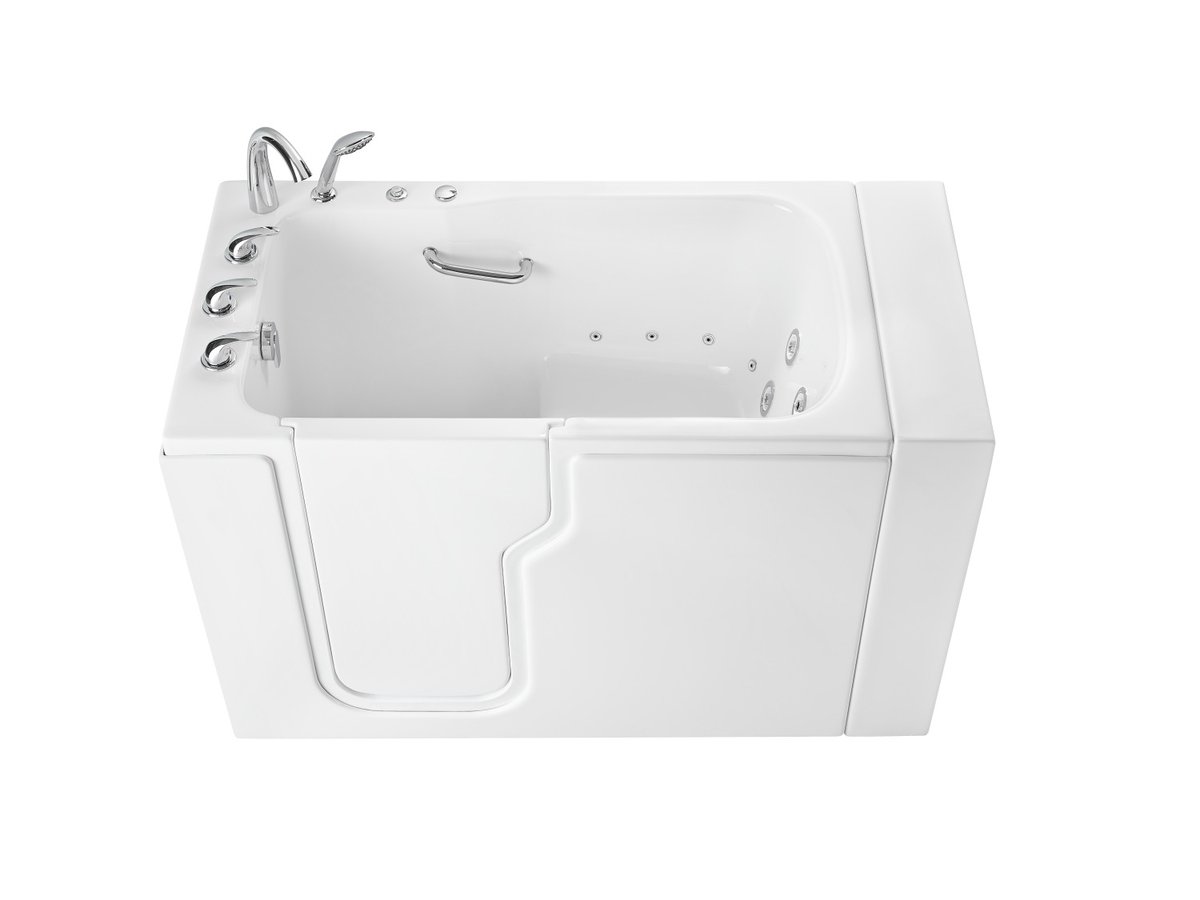 Baignoire à porte Ella Standard 30 x 52 pouces en acrylique blanc avec jets d'hydromassage, barre d'appui et robinetterie chromée 5 pièces