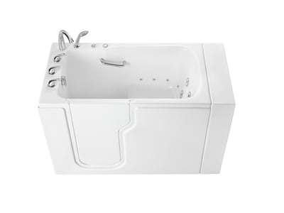 Ella Standard 3052 white acrylic walk-in tub with hydro massage jets, grab bar, and chrome faucet set