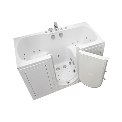 Ella Tub4Two white acrylic 2-seat walk-in bathtub with open outward swing door showing air, hydro, and foot massage jets