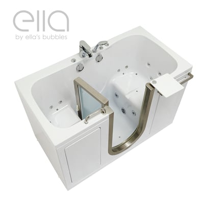 Ella Companion two-seat acrylic walk-in tub with open door, dual drain, hydro jets, and chrome faucet set