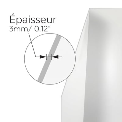 White glossy wall panel with a magnified diagram showing 3mm thickness measurement indicator