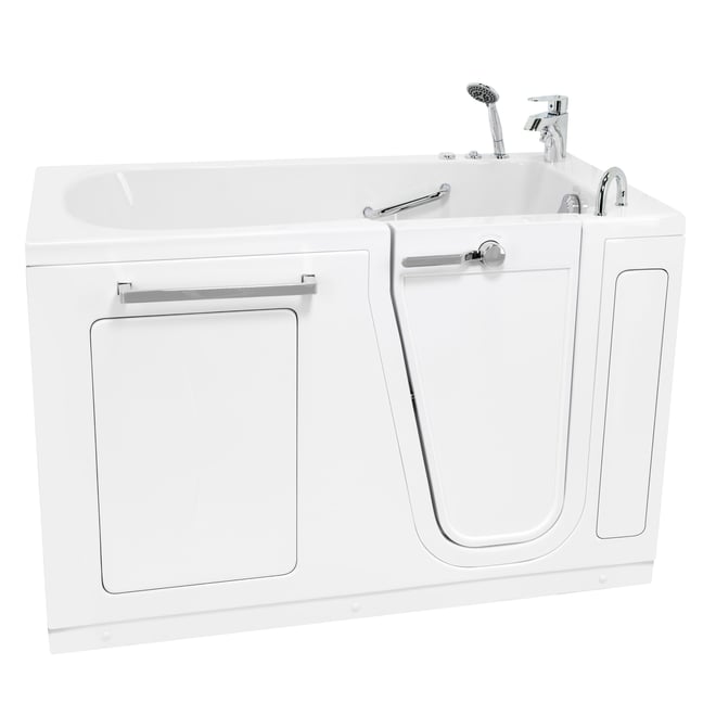 Bañera de acceso Ella Zen 30x60 de acrílico blanco con puerta de apertura hacia dentro, barras de apoyo cromadas, ducha de mano y chorros de hidromasaje