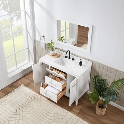 Meuble-lavabo de salle de bains moderne Florence sur pied avec plan en quartz blanc massif -