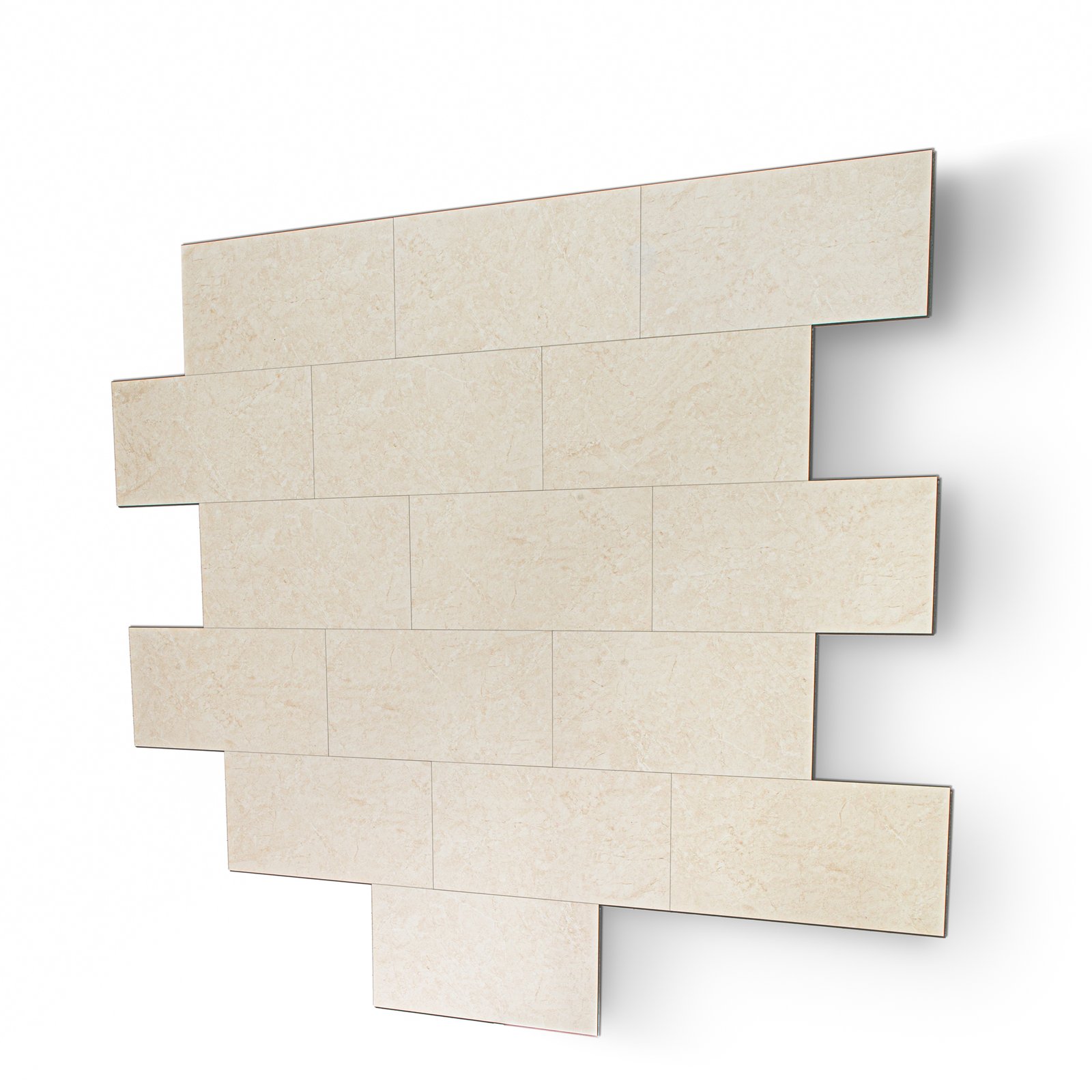 Staggered layout of beige marble-look rectangular wall tiles for accessible shower surrounds and walk-in tub walls