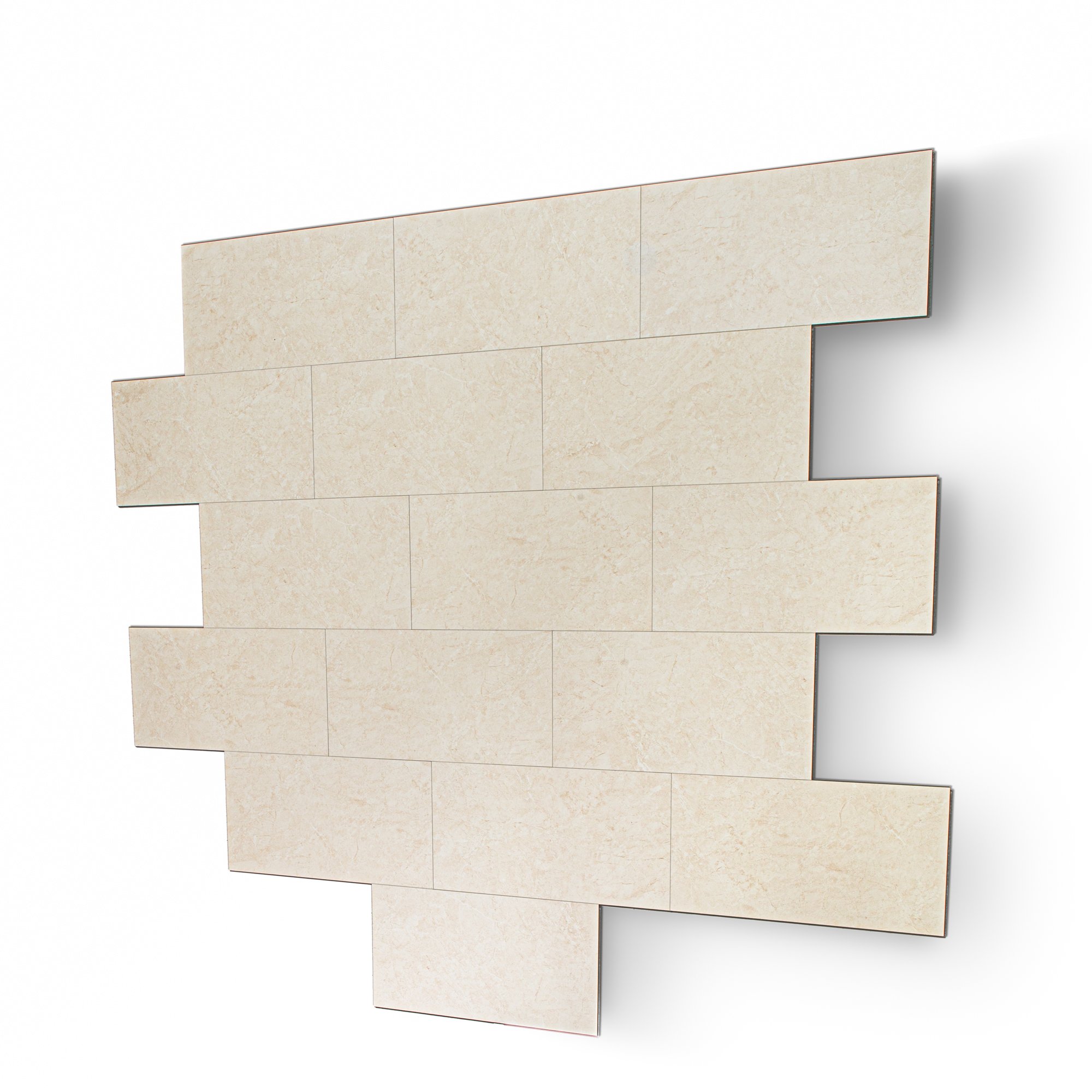 Staggered layout of beige marble-look rectangular wall tiles for accessible shower surrounds and walk-in tub walls