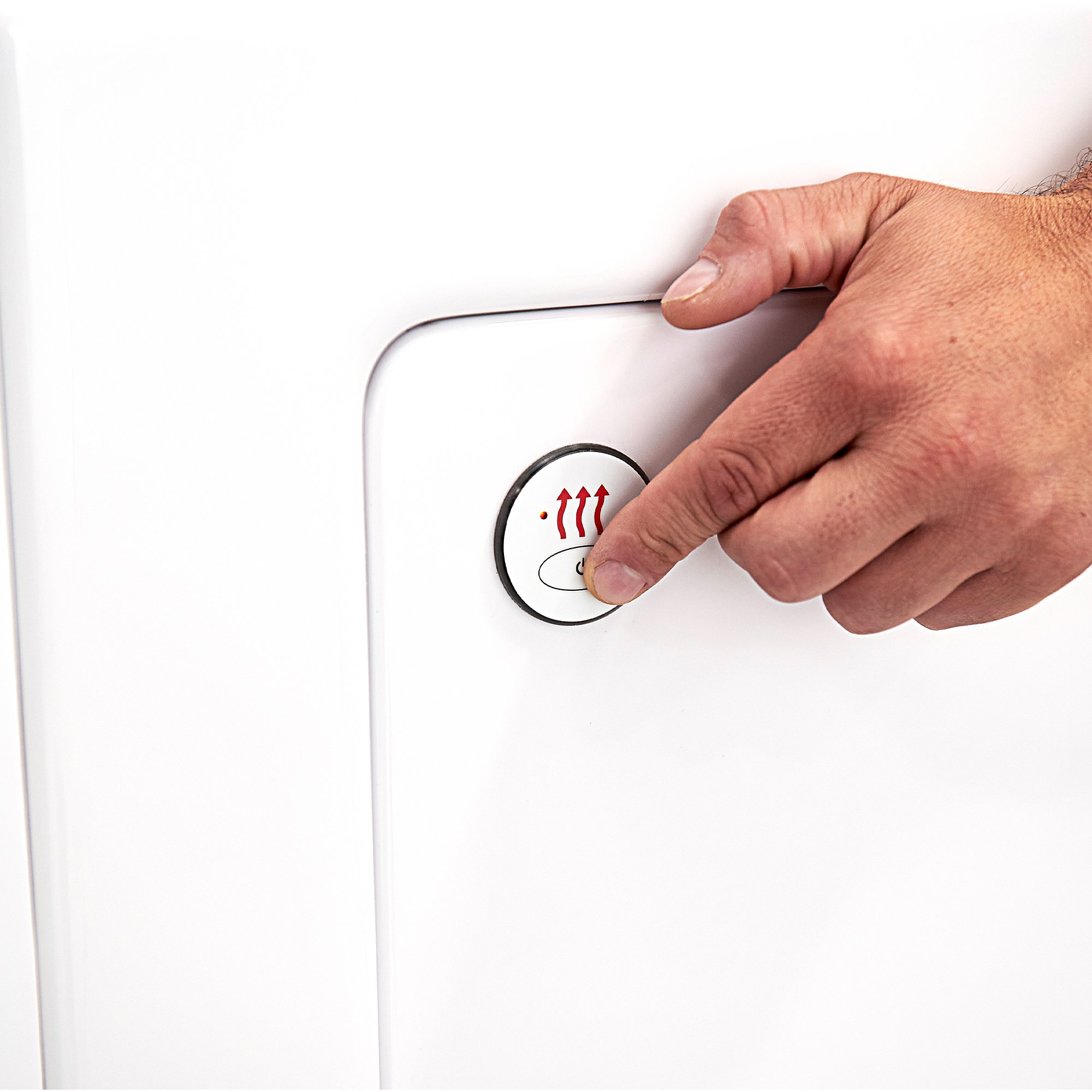 Hand pressing the heated seat control button on the deck of an Ella walk-in tub