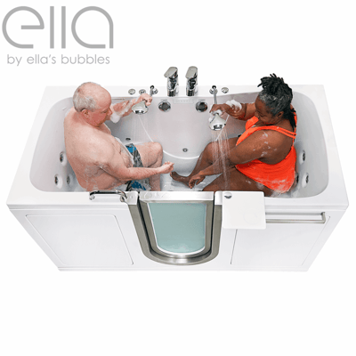 Two adults bathing together in the Ella Escape two-seat walk-in tub using handheld showers with hydrotherapy jets visible