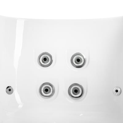 Four chrome hydrotherapy jets in a square cluster on the seat back of a walk in tub, with two air ports beside them.