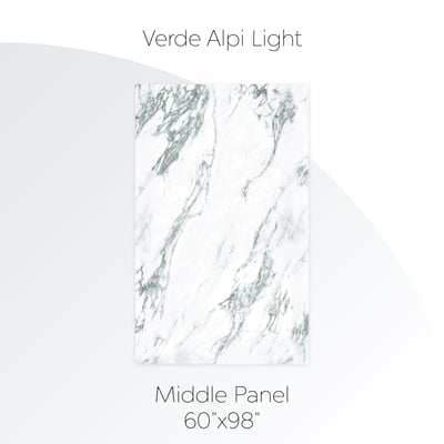 Verde Alpi Light marble-look shower wall middle panel in white with green-gray veining, 60x98 inches